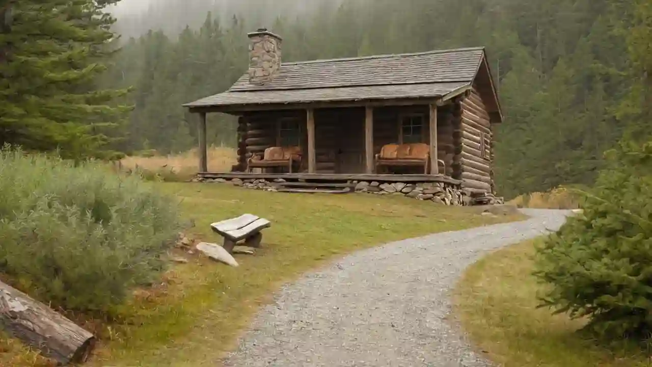Beskjedent hus, stillhet, og fjell i grå