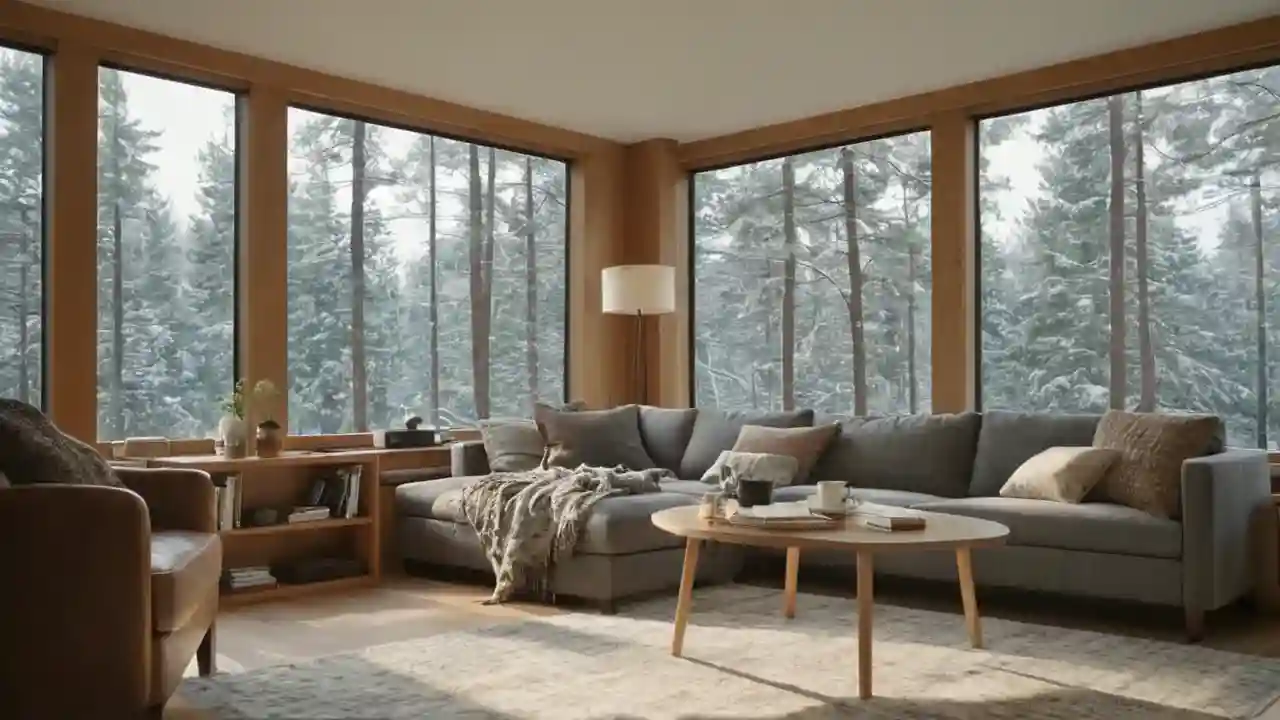 Lys, rolig stue med realistisk forest-atmosfære