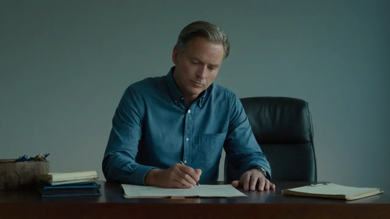 En avslappet mann leser ved et skittent skrivebord