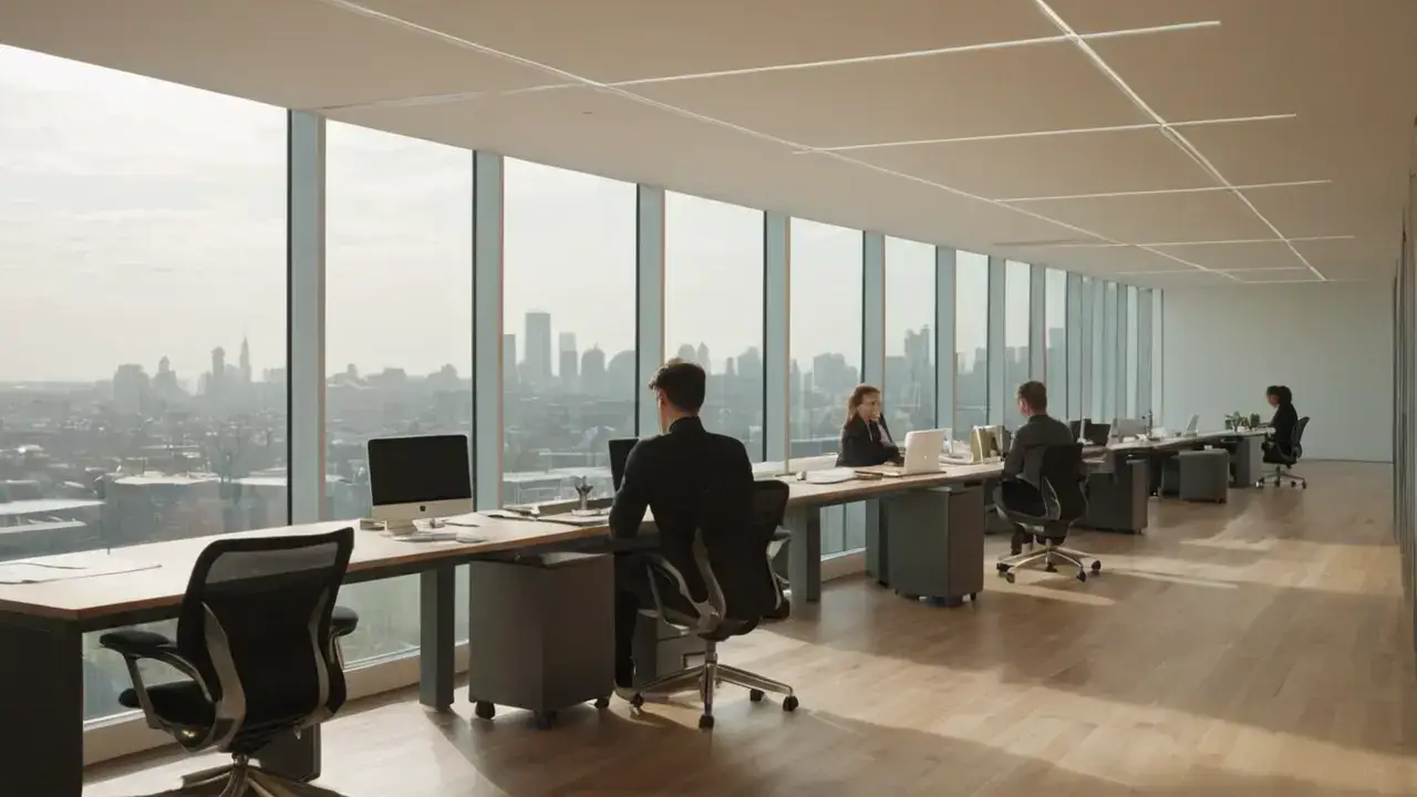 Stille kontorrom, reflektert lys og fokusert arbeid