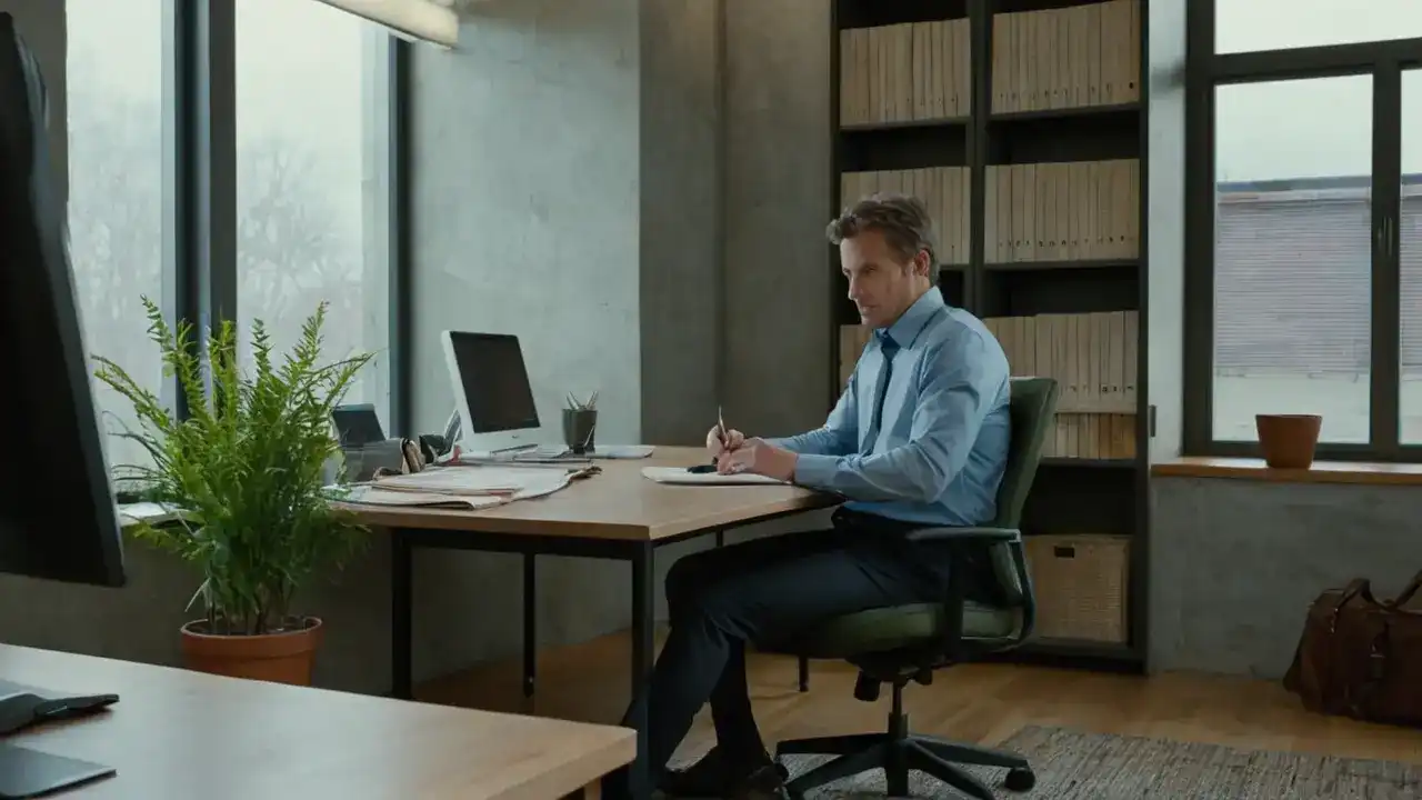 Kontrastfylt kontorrom og en fokusert person