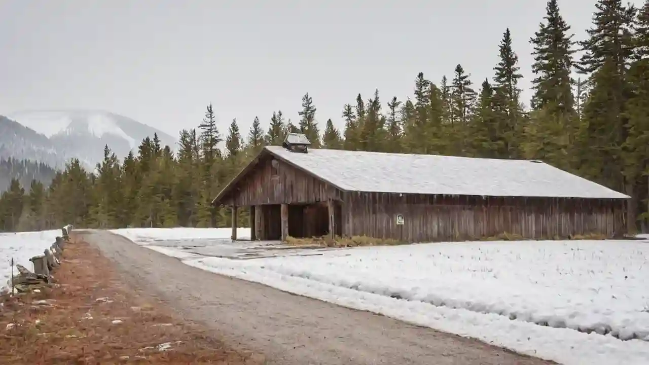Enkelig, snøbelagt bygning i avsideskulisse